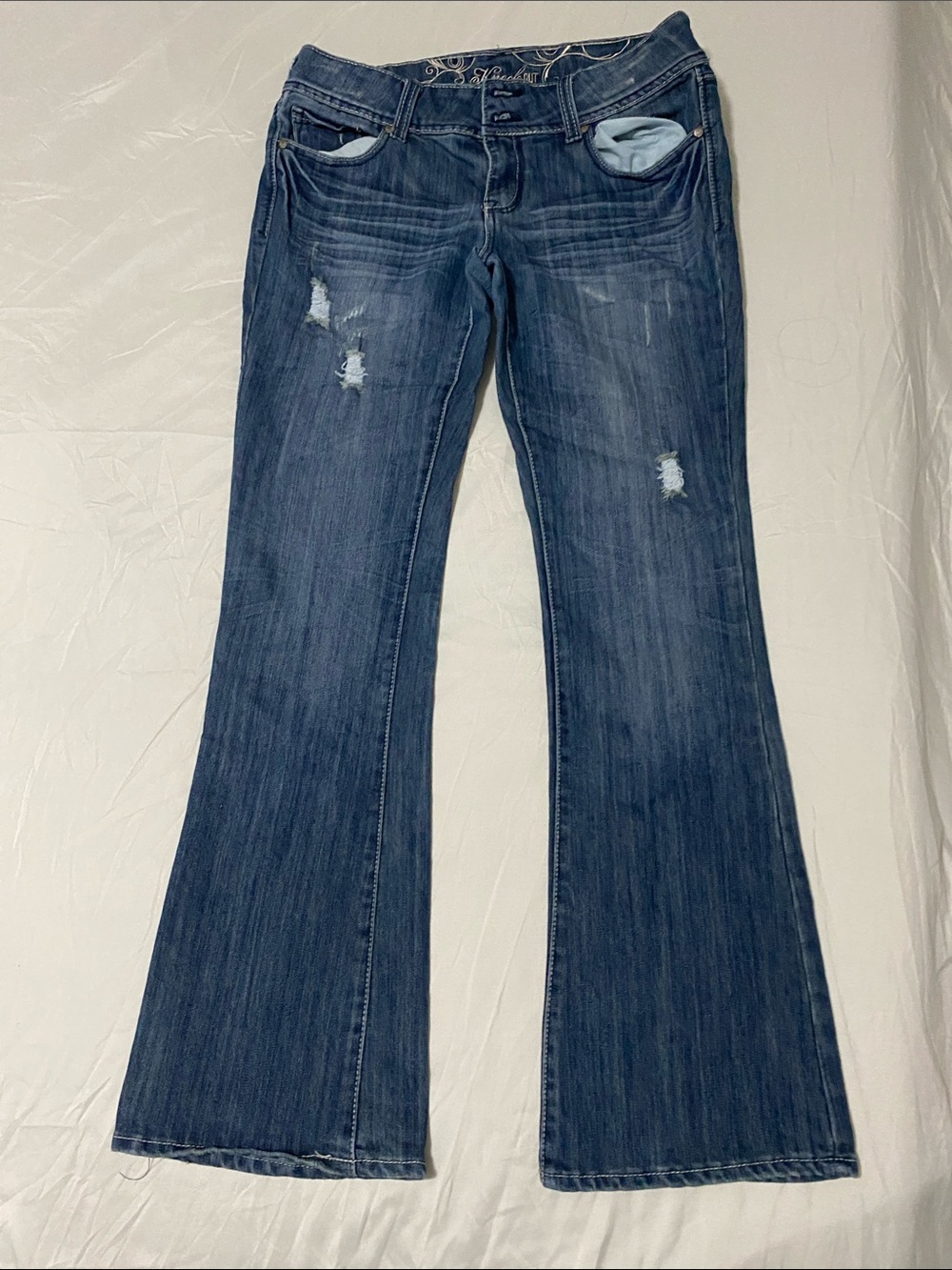 Womens Flare Jeans in Dark Blue with Subtle Distressing
